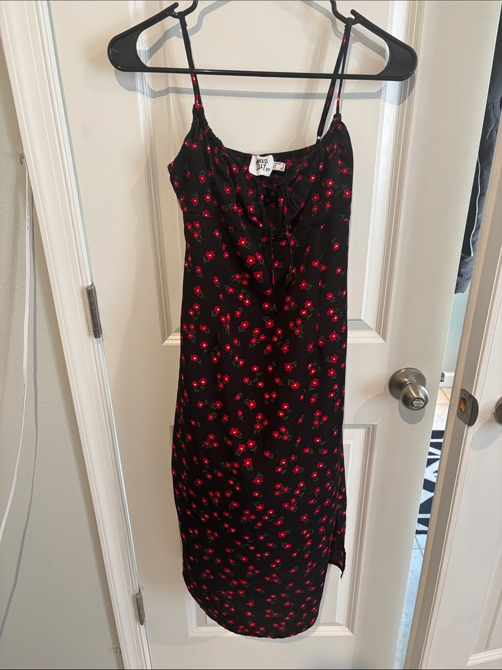 Princess Polly Black Slip Dress with Red Floral Print
